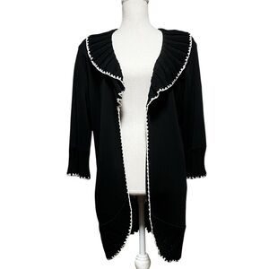 MING WANG BEAUTIFUL BLACK OPEN CARDIGAN WITH CREAM EMBROIDERED TRIM SIZE LARGE